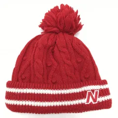 【超美品】ニューバランスゴルフ ニット帽 レッド×白 ボンボン付き 裏フリース ウール混 FR  ゴルフウェア New Balance