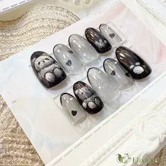 【現品】ネイルチップ　ブラック　シルバー　クマ　ハート