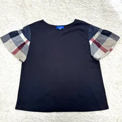 【美品】BLUE LABEL CRESYBRIDGE ブルーレーベルクレストブリッジ バイオシルケットスムースフリルスリーブカットソー チェック柄 ネイビー 38 M