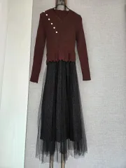 THE east SHOP ブラウンニット+ブラックパールチュールロングワンピース