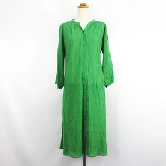 シューラルー SHOO・LA・RUE シャツワンピース チュニック 長袖 バンドカラー スキッパー ロング丈 リンクル加工 コットン L グリーン ※EKM