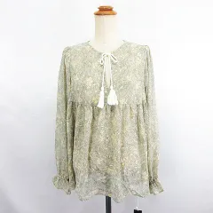 アズールバイマウジー AZUL by moussy ブラウス シャツ 長袖 プルオーバー ラウンドネック 総柄 シアー M ライトグリーン ※EKM