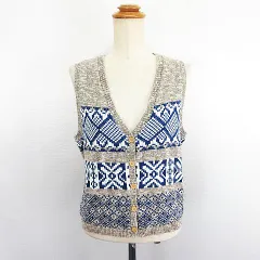 ゴールデンベア GOLDEN BEAR ニット ベスト Vネック 総柄 麻混 ストレッチ M ブラウン×ネイビー ※EKM