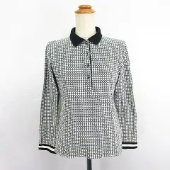 ラコステ LACOSTE ポロシャツ 長袖 総柄 ロゴ ワッペン ストレッチ 42 ホワイト×ブラック ※EKM