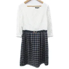 ミッシュマッシュ MISCH MASCH フレアワンピース ひざ丈 長袖 ラウンドネック 切替 レース チェック柄 マルチカラー 38 M 白 紺 ホワイト ネイビー /FF6