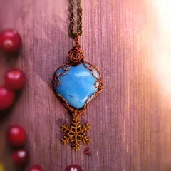天然石　ハート　ブルー　アベンチュリン　ウィンター　ネックレス　アンティーク調　雪の結晶　冬　ペンダント　青　スノーフレーク　ワイヤー