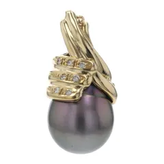 K18YG イエローゴールド ネックレストップ ブラックパール 黒蝶真珠 12.7mm ダイヤ 0.07ct 巻き付き【新品仕上済】【zz】【中古】