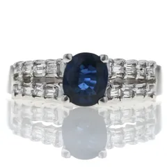 K18WG ホワイトゴールド リング サファイア ダイヤモンド オーバル バゲット 2連 デザイン 指輪 12号【新品仕上済】【zz】【中古】