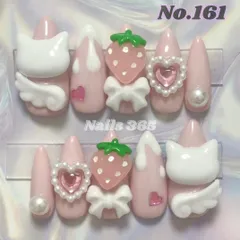 量産型ネイルチップ　ネコ　いちごピンク　リボン