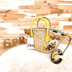 【ザラ】花柄 刺繍 麦わら かごバッグ 2way トートバッグ ベージュ×黄 肩掛け ショルダーバッグ