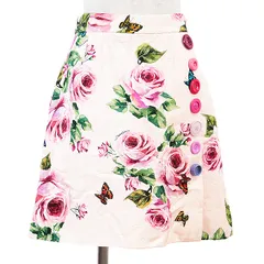 【極美品】DOLCE&GABBANA ドルチェアンドガッバーナ スカート アソートボタン ジャガード ローズ バラ バタフライ 薔薇 蝶 コットン × シルク Aライン 台形 ボトムス レディース サイズ 42 ピンク 桃色 イタリア製