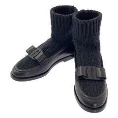 【美品】  Salvatore Ferragamo / サルヴァトーレフェラガモ | VIVALDO KN / レザー ロゴ リボン ドッキング ソックス ローファー | 4 1/2 | ブラック | レディース