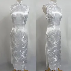 チャイナドレス　梅柄　ロング丈　袖無し　ホワイト　ULN04【送料無料】