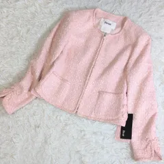 タグ付き未使用保管品✨ Rene ルネ TISSUE社 ツイードジャケット パールチャーム ノーカラー リボン フルジップ ピンク 34 袖リボン フォーマル ビジネス 式典