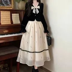 【新品】フレンチガーリー♡花柄ベルベットワンピース レディース ワンピース 秋冬 おすすめ 花柄 リボン M  L　E1552