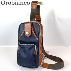美品 Orobianco オロビアンコ ボディバッグ ショルダーバッグ ネイビー レザー イタリア製 ロゴプレート メンズ