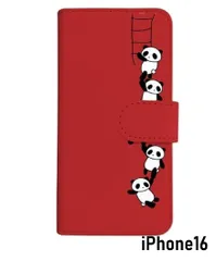 【訳アリ】iPhone16 互換ケース 手帳型 レッド ケース ぶらさがりパンダ ダイアリータイプ 横開き カード収納 フリップ カバー