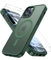 iPhone 12/ iPhone 12 Pro 用 ケース【強化フィルム2枚付き】Magsafe対応　半透明 指紋防止 滑り止め マグネット搭載 ワイヤレス充電 耐久性 全面保護 黄ばみなし あいほん12/12 Proスマホケース 6.1インチ用，グリーン