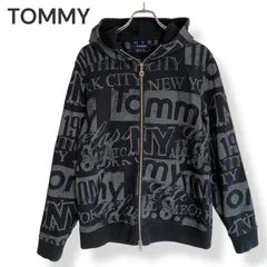 TOMMY トミー ブラック×グレー ロゴ総柄 パーカー ジップアップ コットン100% 中国製 L Lサイズ メンズ フード付き カジュアル ストリート ヴィンテージ風 796KZ