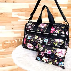 美品【レスポートサック】トロピカル フラワー ボストンバッグ 花柄 黒×カラフル 旅行トラベル 軽量 肩掛け 鍵付き ブラック