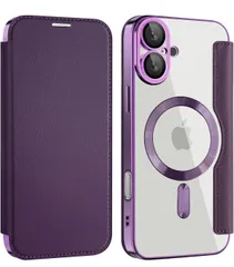 iPhone 16 用 ケース 手帳型 Magsafe対応 クリア 背面 透明 高級なPUレザー 永久磁石 マグネット スマホケース カード収納、人気財布型 カバー 軽量 アイフォン16 用 手帳カバー (iPhone 16用,パープル)
