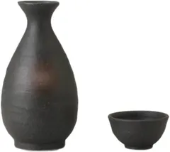 酒器セット 徳利 おちょこ 備前黒 一合徳利 & 盃 （2個付） セット 陶器 美濃焼 冷酒器 熱燗 日本酒 酒器 とっくり 日本製