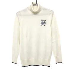【超美品】アディダス セーター 白×ネイビー 袖ケーブル編み ロゴ刺しゅう ウール混  レディース L/G ゴルフウェア adidas