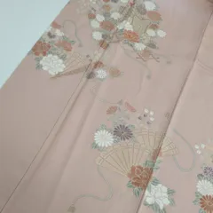 付下げ 刺繍 裄66 扇子に花 紋無し 訪問着 正絹 着物 MK-1077