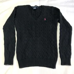 【Ralph Lauren SPORT／ケーブルニットコットンセーター／レディースM】ブラック／ピンクポニー刺繍／定番人気／Vネック