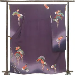 振袖 身丈163cm 裄65cm 前幅23cm 後幅29.5cm 袖丈109cm 袖幅32cm レディース 袷 花柄 裄Mサイズ 秋冬春用 正絹（シルク）パープル 美品 リメイク リユース リサイクル【呉服のきくや】