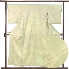 小紋 身丈156cm 裄66cm 前幅24cm 後幅30.5cm 袖丈48cm 袖幅33cm レディース 袷 絞り 裄長 裄M-Lサイズ 秋冬春用 正絹（シルク）グリーン 美品 リメイク リユース リサイクル【呉服のきくや】のサムネイル