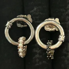 【良品】TOUS トウス シルバー925 パール＆ブラックストーン フープピアス ベア刻印 キャッチ付き / TOUS Silver 925 Earrings 1112001