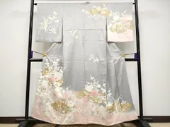 平和屋着物■極上　訪問着　刺繍　雲取り枝花文　暈し染め　金彩　鼠色地　逸品　CYAA3782s5