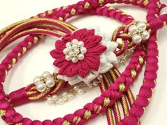 平和屋着物●和装小物　振袖用帯締め　装飾　つまみ細工　ちりめん細工　パール　金糸　撚り房　逸品　未使用　AABC2631ay