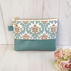 ダマスク青×無地　ポケットティッシュ入れ付ミニポーチ　ラミネート