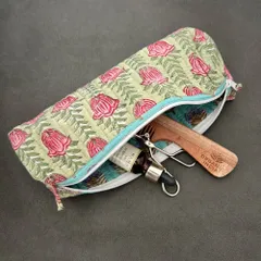 ペンケース　コスメポーチ　ブロックプリント　グリーン