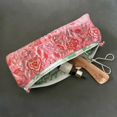 ペンケース　コスメポーチ　ブロックプリント　ピンク
