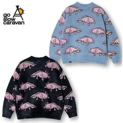 新品 ゴースローキャラバン go slow caravan ウーパールーパー ジャガード シャギー ニット セーター 長袖 総柄 ゆったり ビッグシルエット オーバーサイズ ユニセックス メンズ レディース 青 ライトブルー 黒 ブラック 356107