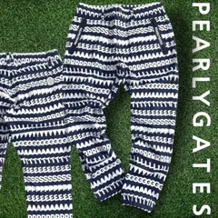 PEARLY GATES パーリーゲイツ ゴルフ 高保温 トリコット裏起毛 ロゴボーダー柄 総柄 ストレッチ ジョガーパンツ ロングパンツ ゴルフウェア 053-2231115 定価3.1万 ネイビー ホワイト  ▲035▼51105w01