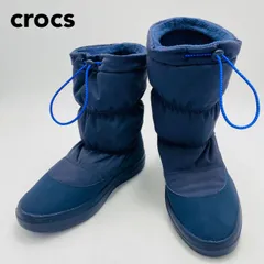 【極美品】crocs クロックス パフ ブーツ 203422 W9 25.0cm ネイビー 紺 ナイロン スノーブーツ ウィンターブーツ 中綿 撥水 軽量 保温 フリース 完売品 人気モデル 防寒 通勤 通学 希少 レア アウトドア キャンプ hws02429