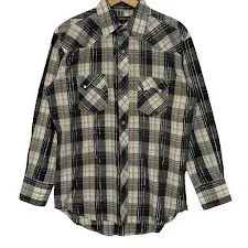 RUSTLER by Wrangler 80~90年代 vintage ラングラー チェック柄ウエスタンシャツ 長袖シャツ スナップボタンダウン Mサイズ ブラック/ベージュ