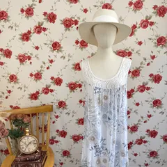 レースヨーク ワンピース 花柄 ボーダー切り替え 涼感素材 ノースリーブ ロング丈 ホワイト×ブルー