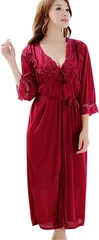 R-Dream プリンセス ナイトウェア ネグリジェ ガウン 2点セット レース ロング丈 パジャマ (ワインレッド)