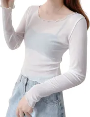 Kopi シースルー インナー 長袖 シアー 重ね着 薄手 透け感 シャツ UV対策 きれいめ チュール トップス ラウンドネック コスプレ レイヤード vネック (ホワイト,  Free Size)