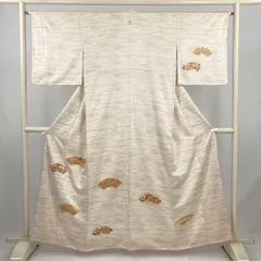 たんす屋 TANSU-YA 着物 リユース着物 訪問着 アイボリー セミフォーマル 地紋織り 金彩 金駒刺繍 扇面文 地に松葉文散らし 袷 絹 未洗い 【身丈】154cm【裄丈】65cm MS6439