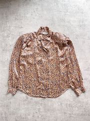 749]【美品】長袖ブラウス スカーフ柄 レトロ サーモンピンク 大きい 