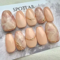 現品ネイルチップ　ショートバレリーナ　大理石　ニュアンス　スキンカラー　ベージュ　ブラウン　ミラーフレンチ