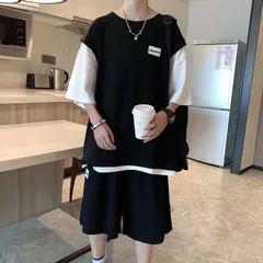 セットアップ メンズ 夏服 おしゃれ 大きいサイズ Tシャツ 半袖 ハーフパンツ レイヤード 上下セット スウェット ゆったり