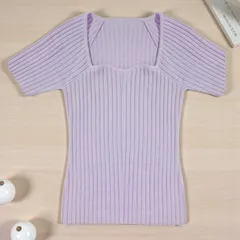 2:[TOPTOP] リブニット セーターレディース ニットレディース レディースセーター レディースニット トップスレディース トップスニット トップスセーター レディースファッション 薄手リブ ブラック パープル 重ね着 半袖 春 夏 秋 パープル S
