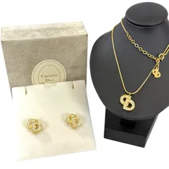 【希少・美品】Christian Dior クリスチャン ディオール CDロゴ ラインストーン ネックレス イヤリング 2点セット 箱付き ゴールド 金色 アクセサリー レディース ギフト プレゼント 贈り物